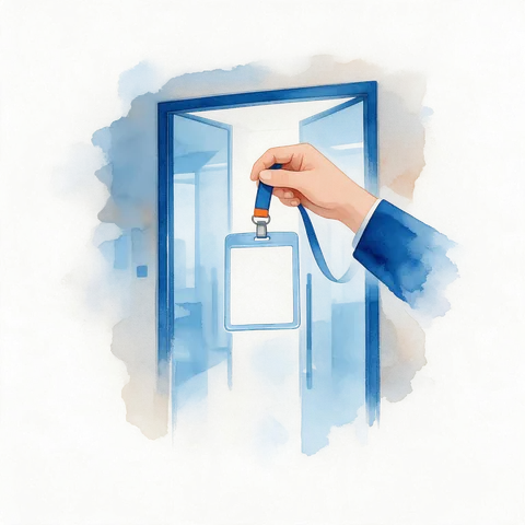 Illustration of a badge handed over at the company door