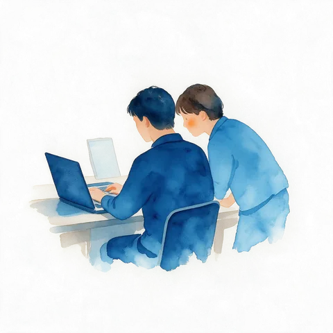 Illustration of two people working side by side at the same computer